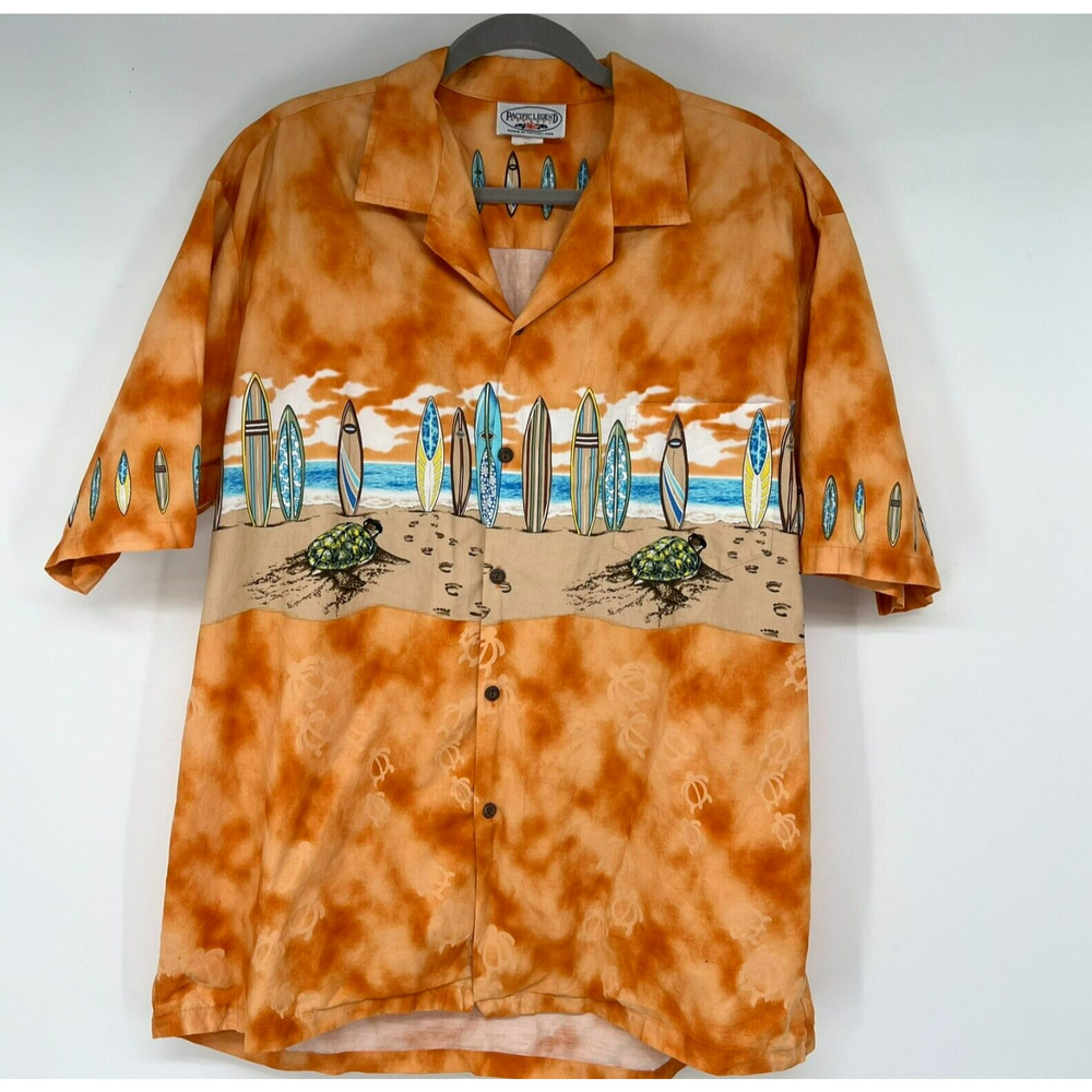 Vtg PACIFIC LEGEND Hawaiian Shirt Mens XL Orange Aloha Surfboards Turtles 90s